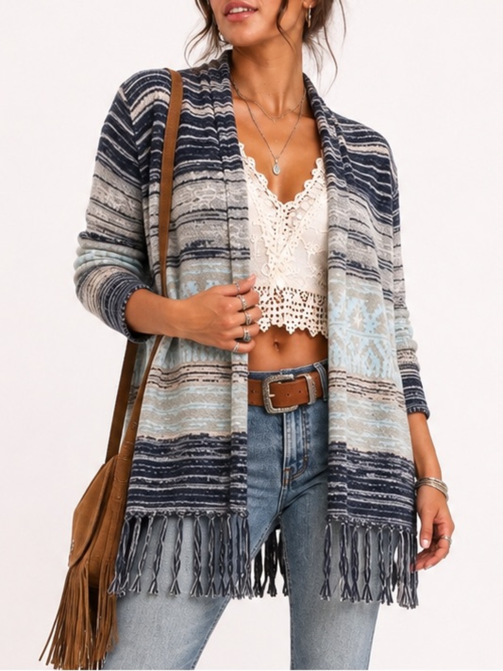 Dee Elle Open Front Cardigan Sweater Coastal Western Boho Fringe Medium
